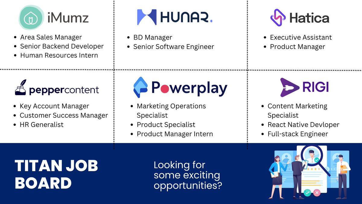 Titan Capital (@titancapitalvc) on Twitter photo Exciting career prospects await you! 🔥
Discover companies that are revolutionizing their respective industries and are actively seeking exceptional talent to join them. Check out <a href="/iMumzApp/">iMumz</a>, <a href="/Hunar_AI/">Hunar.AI</a>, <a href="/HaticaHQ/">Hatica</a>, <a href="/Pepper_Content/">Pepper Content</a>, <a href="/Powerplay_app/">Powerplay App</a>, and <a href="/rigi_app/">Rigi</a> all have a variety Exciting career prospects await you! 🔥
Discover companies that are revolutionizing their respective industries and are actively seeking exceptional talent to join them. Check out <a href="/iMumzApp/">iMumz</a>, <a href="/Hunar_AI/">Hunar.AI</a>, <a href="/HaticaHQ/">Hatica</a>, <a href="/Pepper_Content/">Pepper Content</a>, <a href="/Powerplay_app/">Powerplay App</a>, and <a href="/rigi_app/">Rigi</a> all have a variety