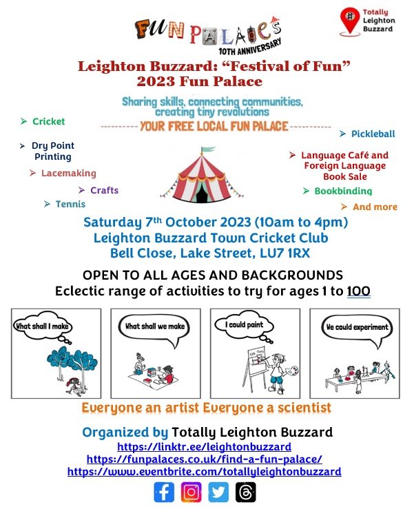 TotallyLocal_LB's tweet photo. Put date in your diary for 3rd Leighton Buzzard @funpalaces event - Sat 7 Oct 2023 at @lbtcc
What's a #FunPalace? It's hands on and eclectic, it's #culturaldemocracy, it's OUR local event, it's about connecting, it's about #everyoneagenius #everyoneanartist #everyoneascientist https://t.co/OkNvTYk17U
