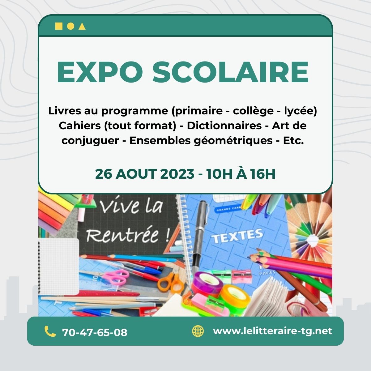 stevedeBodj's tweet photo. L'exceptionnelle expo scolaire s'annonce pour vous aux dates suivantes : 

✅ 26 août 2023 - 10h à 16h
✅ 09 septembre 2023 - 10h à 16h

Quelle que soit la composition des fournitures scolaires de vos enfants, la satisfaction vous est garantie.
+ D'infos:
https://t.co/qtxtHgYPkK https://t.co/011SFHkiLj