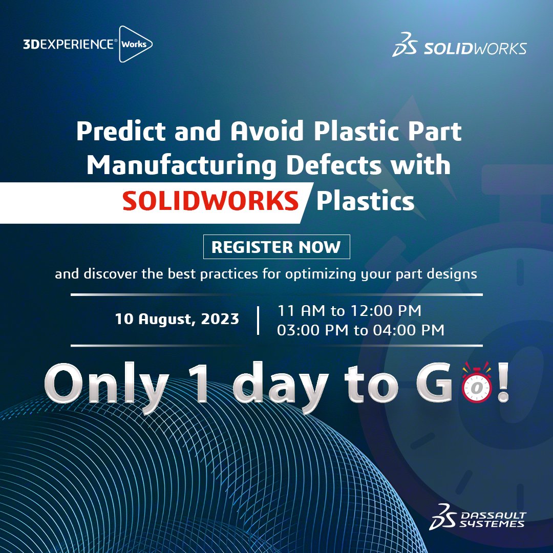 SOLIDWORKSIndia's tweet photo. 🚀 Don't miss the opportunity to revolutionize your plastic part manufacturing process! 🌟 Join us in just 1 Day for the exclusive SOLIDWORKS Plastics webinar! 🎯 
Register: https://t.co/TT1dndslCP https://t.co/F0B5wH7eSc