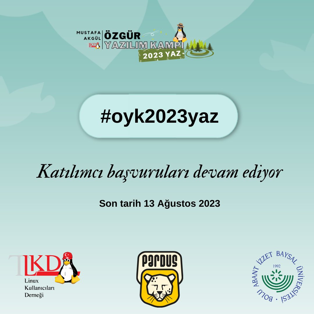 Katılımcı başvuruları devam ediyor. Son tarih 13 Ağustos 2023. Eğitimlerin detaylarını incelemek için kamp.linux.org.tr ziyaret etmeyi unutmayın. @lkdtr #oyk2023yaz