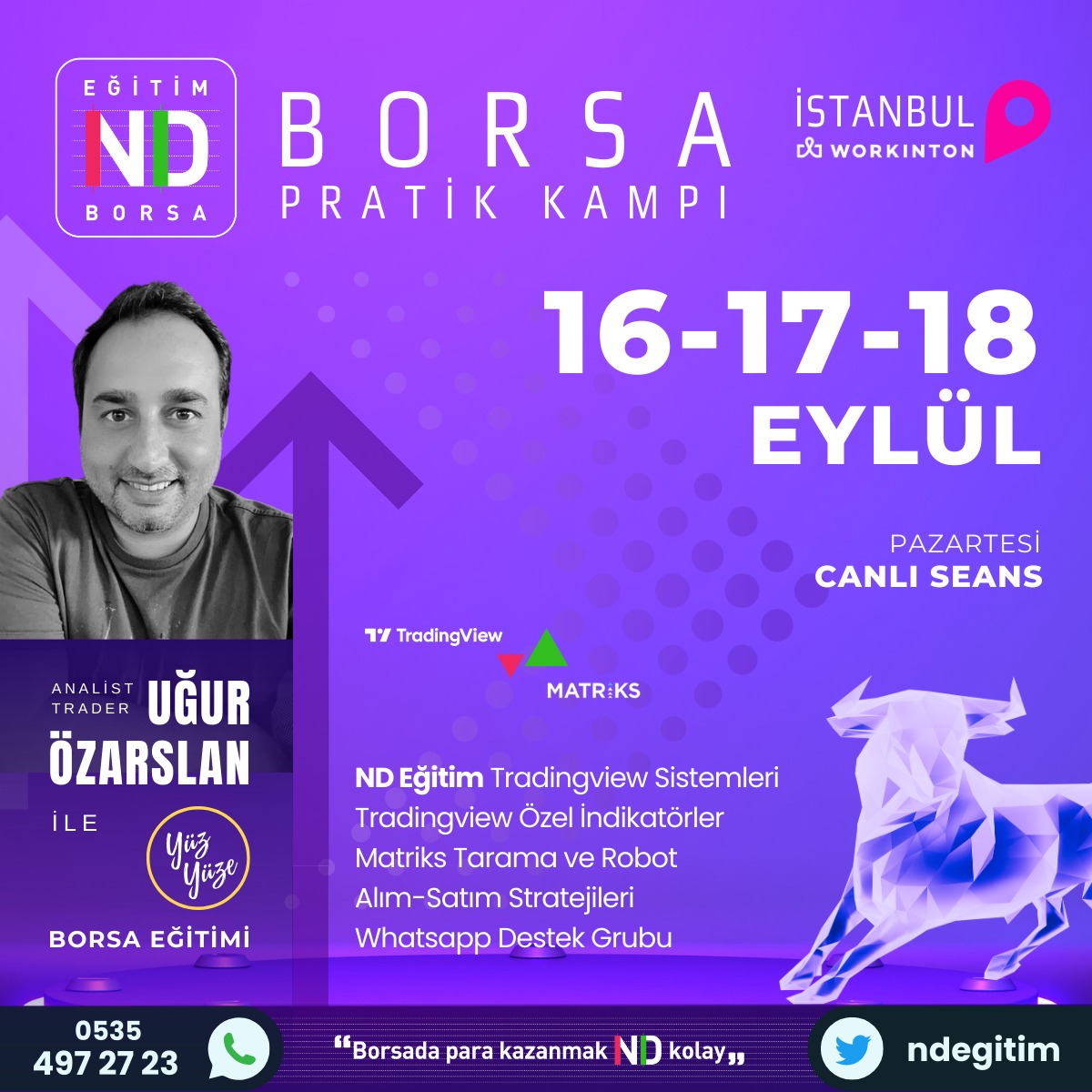 ndegitim's tweet photo. Günaydın, sağlıklı ve bol kazançı bir gün diliyorum.
16-17-18 Eylül'de Borsa Pratik Kampı ile İSTANBUL Workhinton da oalcağız.
Eğitime katılmak ve bilgi almak isteyenler acele etsin.
#borsa #hisse #endeks #bist100 #xu100 #dolar #hızlıanaliz #ndegitim ile #ndkolay #workinton
@Workinton