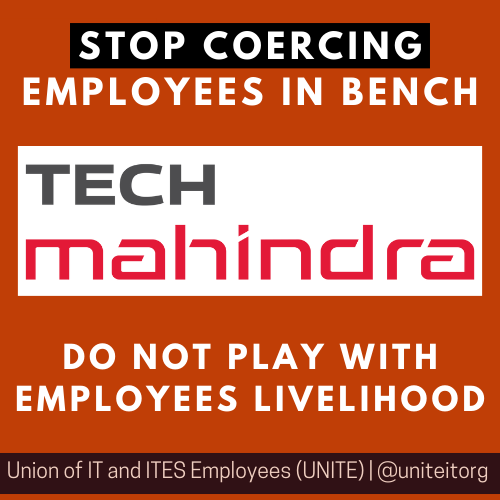We the @uniteitorg are writing to express our strong opposition to the Tech Mahindra's illegal activity of threatening and forcing employees in bench pool to resign or be terminated in next 30 days.

@tech_mahindra  #TechMighty @LabourMinistry @ptrmadurai 

[1/9]