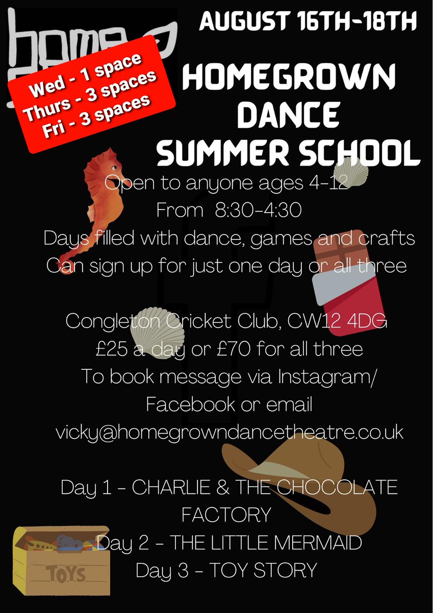 Homegrowndance's tweet photo. Very few spaces left on our summer school next week. Congleton Cricket Club. Age 4-12. #dance #danceforchildren #cheshireeast #congleton @cheshiredance @TheLowryCAT_NW https://t.co/nCbwpg6V4N