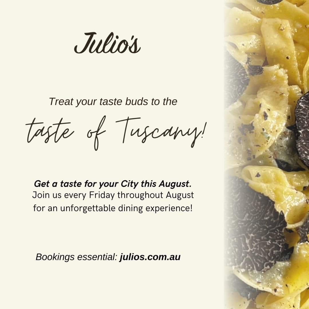 westperthlocal's tweet image. Each Friday this August, Julio&apos;s Italian Restaurant, West Perth will tantalise your tastebuds with a trip to Tuscany topped off with Truffles for Plateful Perth. A Presto ! 

#platefulperth #perthevents