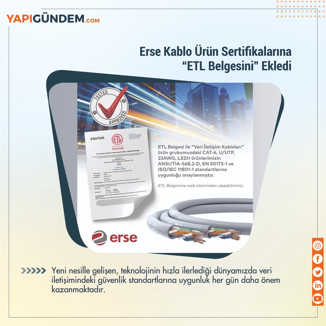 Erse Kablo Ürün Sertifikalarına “ETL Belgesini” Ekledi

Haberin devamını okumak için linke tıkla
yapigundem.com/erse-kablo-uru…

#yapigundem #inşaatşirketleri #sanalşantiye #ersekablo #ersekabloexport #datatransmissioncable #qualitycontrol #etlcertified