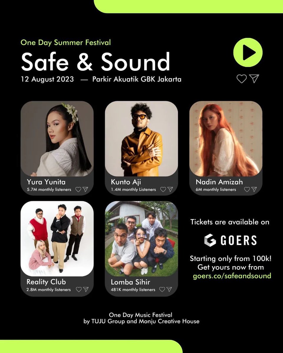 Mark your calendars and get ready for a festive summer as Safe and Sound is coming up soon, ready to amp up your summer! 🗓️☀️

Get ready to sing along with Yura Yunita, Nadin Amizah, Reality Club, Lomba Sihir, Kunto Aji 🤩

#Musik #safeandsound #MusikIndonesia #EventJakarta