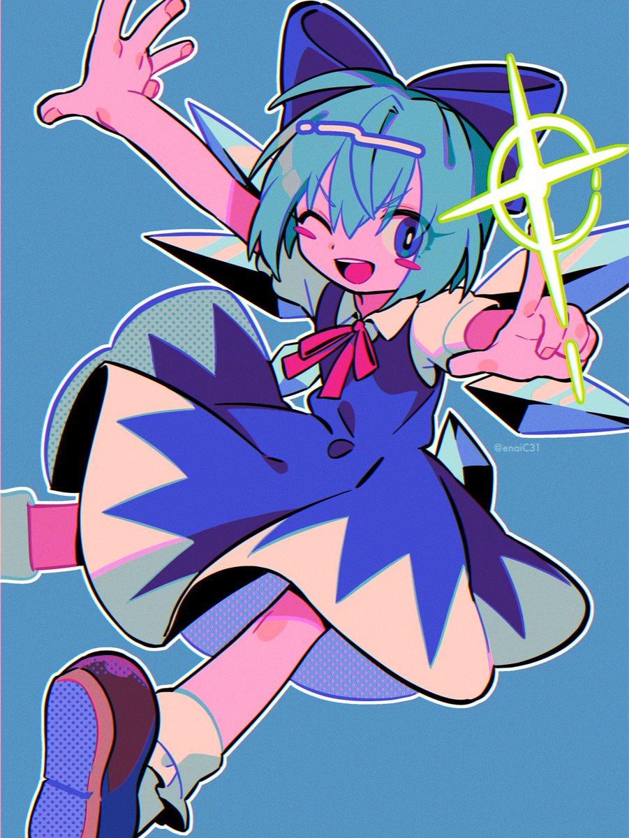 cirno 1girl solo ice one eye closed blue hair wings bow  illustration images