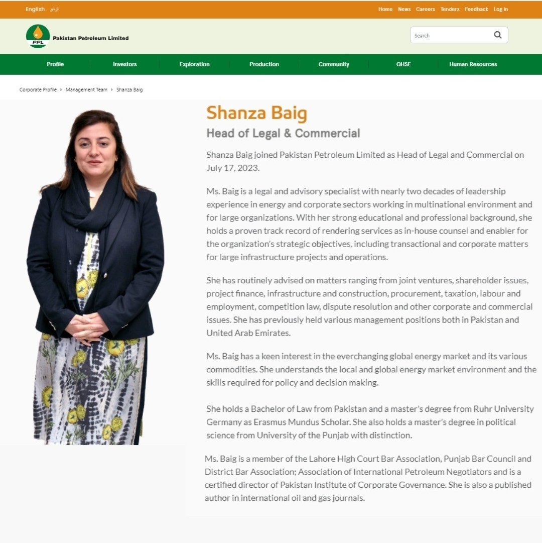 WomenInLawPk's tweet photo. Congratulations to #ShanzaBaig for being appointed as Head of Legal and Commercial at Pakistan Petroleum Limited. She also teaches natural resources law at Pakistan College of Law. Her detailed profile is presented below: https://t.co/iKjih7GzRQ