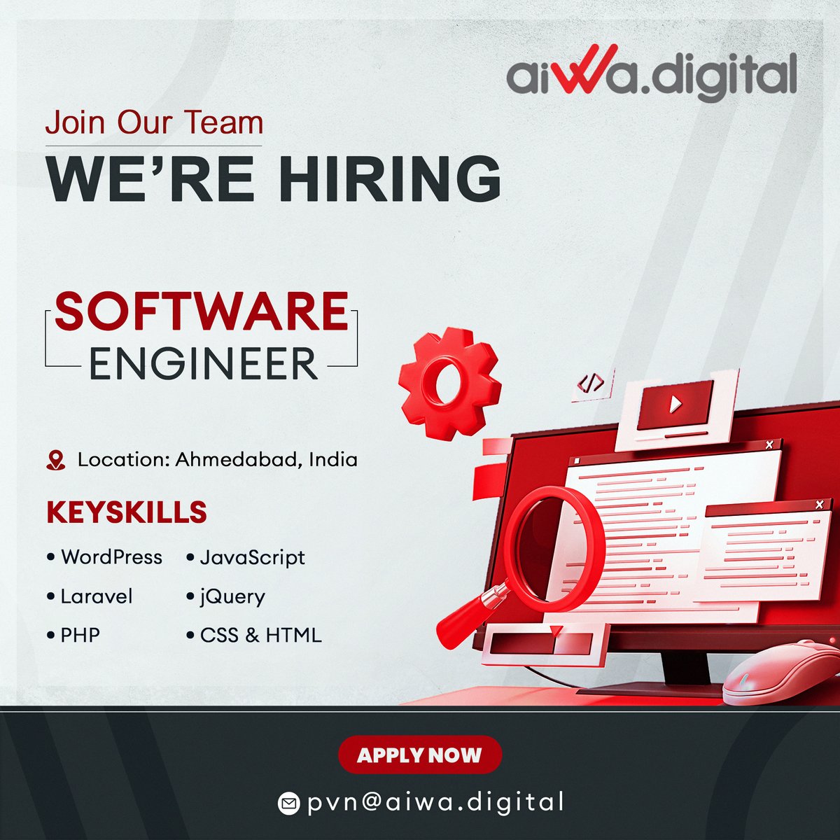 aiwa_digital's tweet photo. We are seeking a highly skilled and experienced Developer to join our dynamic and innovative team. Should have 3-5 years of relevant experience in the IT industry. 
Location: Ahmedabad

Send your updated resume to pvn@aiwa.digital. We look forward to hearing from you! https://t.co/9K2PWBZMtD