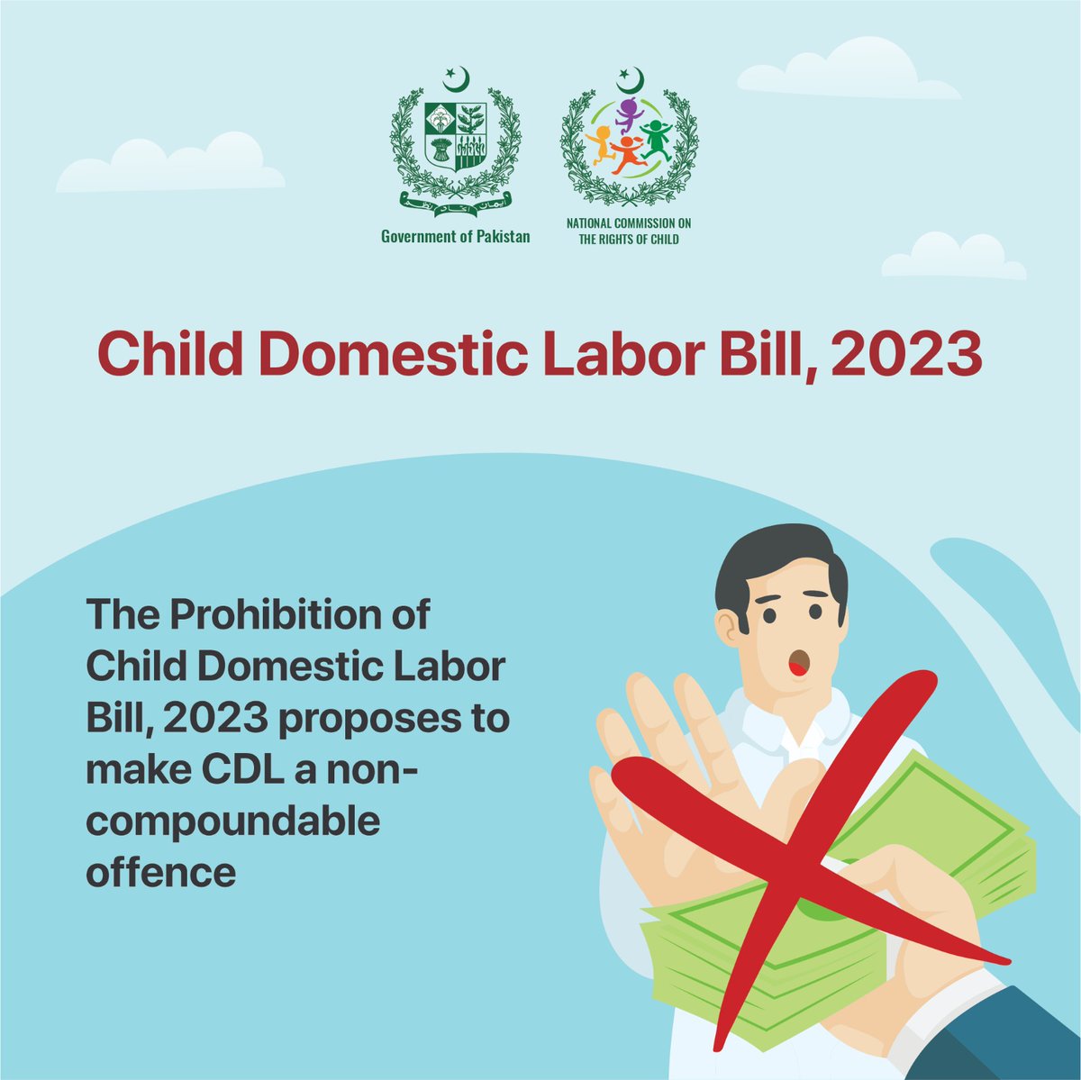 NCRC_Pakistan's tweet photo. ๐ข๐ซ Putting an end to child exploitation! The Prohibition of Child Domestic Labor Bill 23 is a step towards #JusticeForChildren. Making CDL a non-compoundable offence is crucial to hold abusers accountable. #EndCDL #LegislateToProtect https://t.co/aHKOVtGXf1