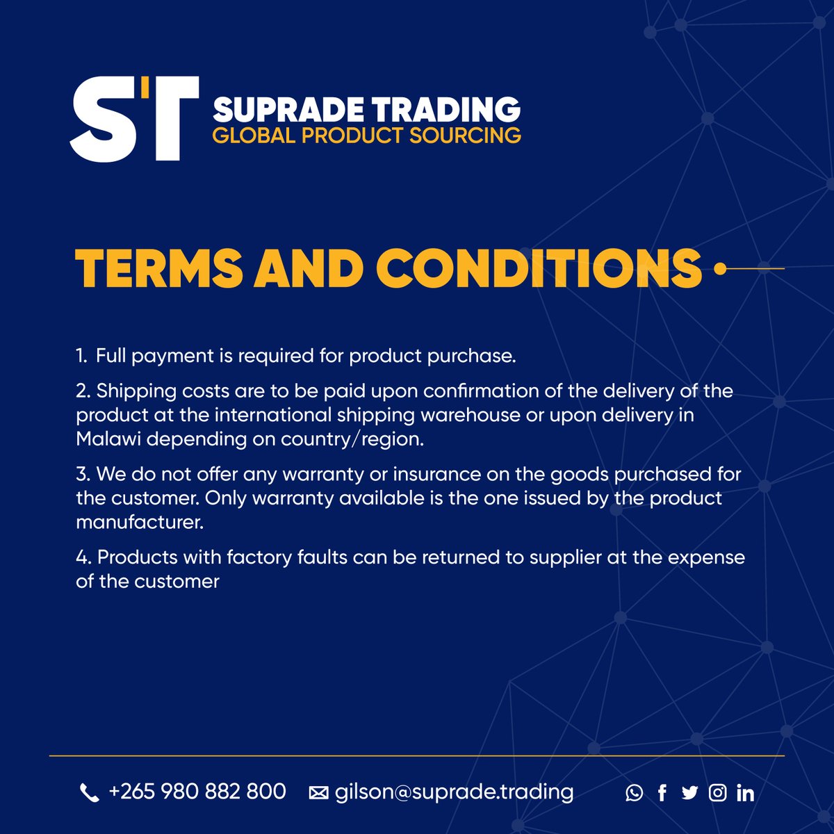 suprademw's tweet photo. We go above and beyond to help you source quality products (electronics, car parts, home items and anything else you might need) from the global marketplace at the best prices.

Call or WhatsApp us on +265 980 882 800
 
#SupradeTrading #AboveAndBeyond #GlobalProductSourcing https://t.co/VtEBK6e90B