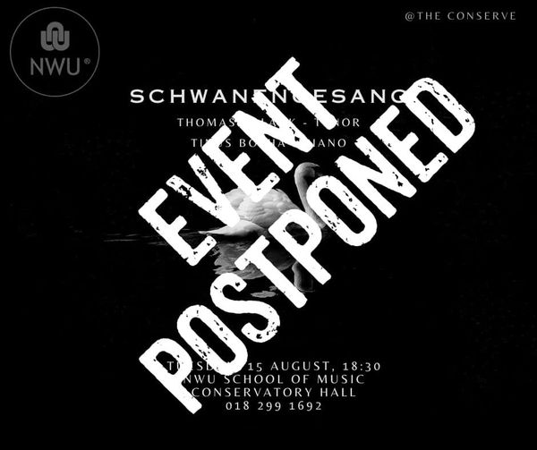 Tuesday’s performance of Schwanengesang will be postponed until further notice as Mr Erlank is unwell. Thomas, we wish you a speedy recovery, and look forward to hearing you at a later date!