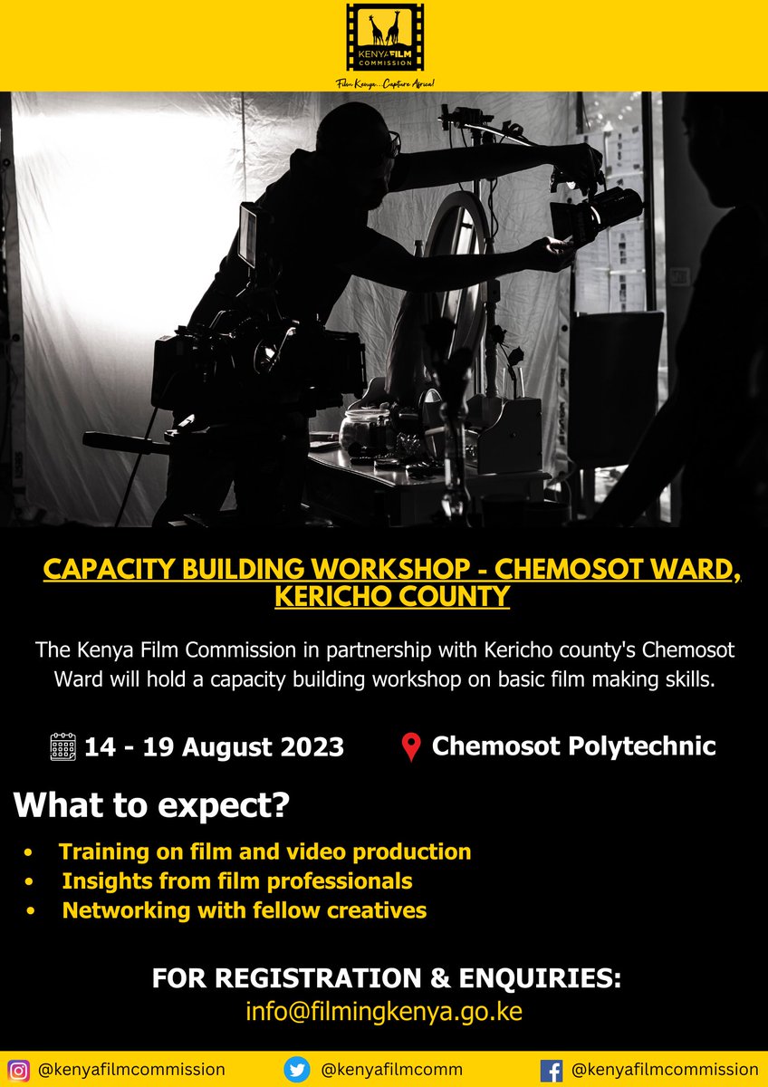 kenyafilmcomm's tweet photo. The Commission @kenyafilmcomm in partnership with Chemosot ward of Kericho County is planning a capacity building workshop on basic film making skills from 14th to 19th August. For registration and enquiries: kindly write to us through info@filmingkenya.go.ke . https://t.co/pcKPjSf8fF