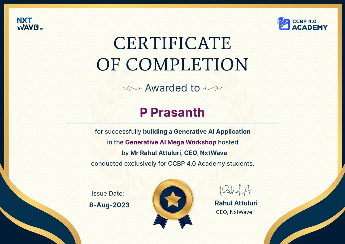 prasanth0821's tweet photo. 🏆 Certified Achievement Unlocked! 🌟

I'm absolutely proud to share that I've been awarded the Certification of Completion from NxtWave for successfully crafting a Generative AI Application during the transformative Generative AI Mega Workshop.

#generativeai #AIInnovation #tech https://t.co/qH23VkvBGU