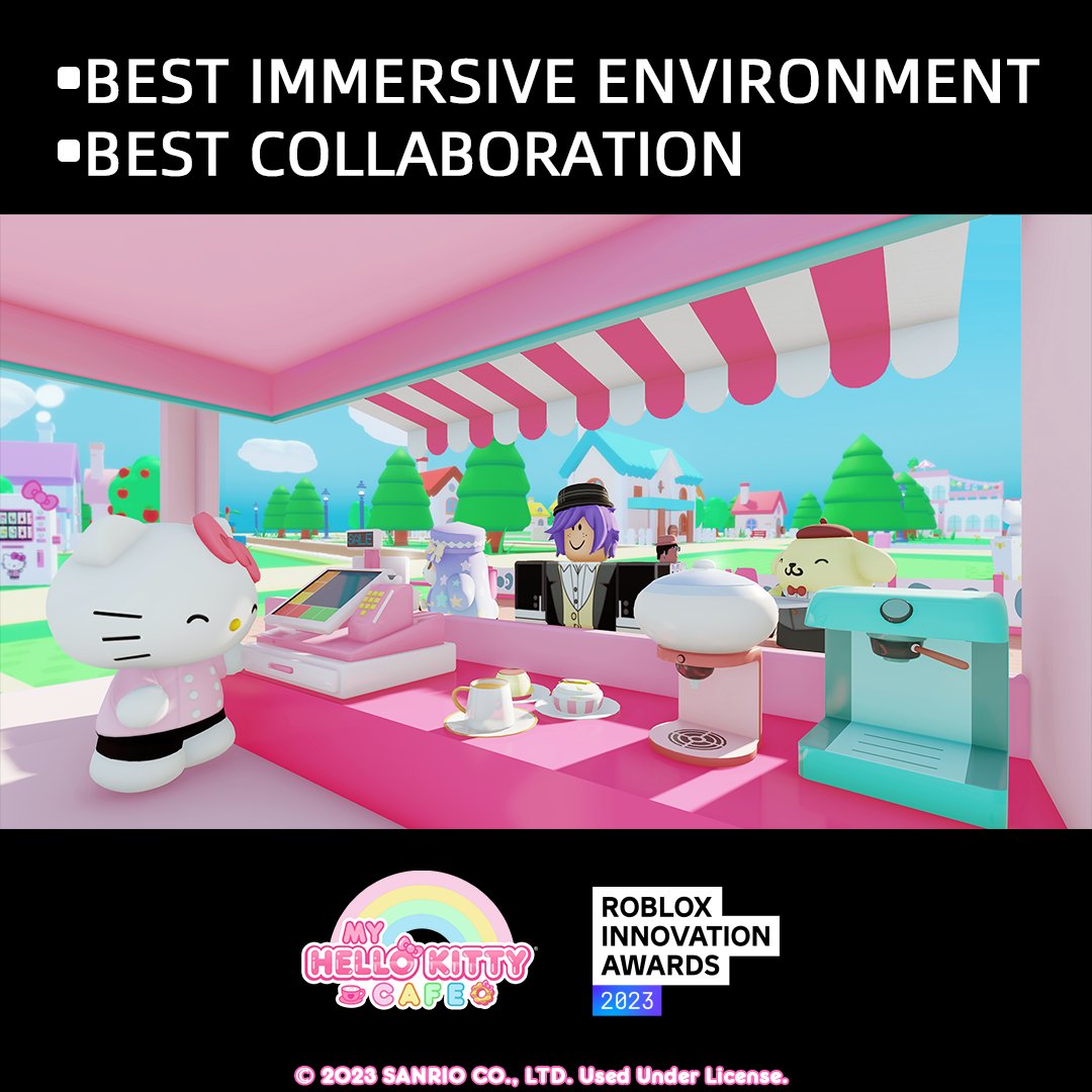 RockPandaGames's tweet photo. 🥳 Very happy that My Hello Kitty Cafe has been nominated for  Best Immersive Environment &amp; Best Collaboration at the 2023 Roblox Innovation Awards! 🙌
We couldn't have done this without all fans' support.
Thank you all so much!❤
#Sanrio #Roblox https://t.co/o4mAM1fDCb