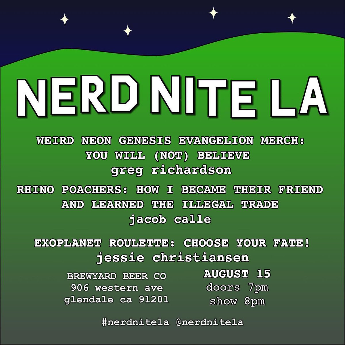 nerdnitela's tweet photo. Next week we'll take a look at bizarre anime merch with Greg, run rampant among rhinos with Jacob, and explore exoplanets with Jessie. Tue 8/15!
For full details on talks/presenters + TICKETS Click Here: https://t.co/KL74XlrLCr
#NerdNiteLA #NeonGenesisEvangelion #Rhinos #Planets https://t.co/8kNdpyzKuR