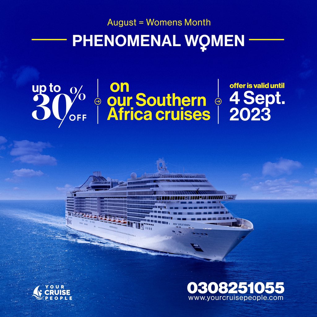 CruisePeopleGH's tweet photo. Our phenomenal woman package offers a❗️30% discount❗️on all Southern Africa Cruises.

This is a limited offer you can’t afford to miss out on. 

#phenomenalwoman #womancruisewednesday #letscruise #cruisevacation #womenvacation https://t.co/Hw0GTj2pTK