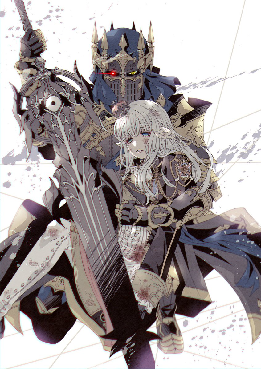 1girl armor weapon sword heterochromia long hair pointy ears  illustration images