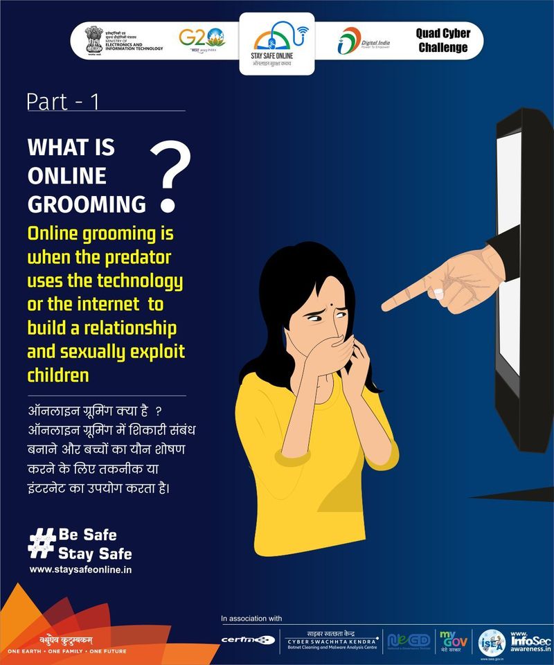 Let's join hands to raise awareness about this issue and work together to create a safer online environment for everyone! 
Stay tuned for part 2 & 3
#OnlineGrooming #InternetSafety #ChildProtection #CyberSafety #Awareness
#staysafeonline #cybersecurity #g20india #g20dewg #g20org