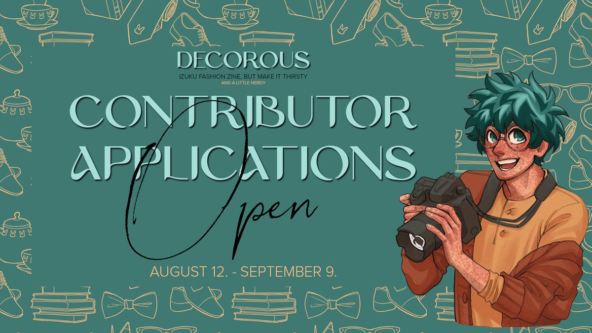 APPLICATIONS ARE OPEN✨ 

Lights, camera, Izuku!! Our contributor applications are open! Time to show us what you got!

📚 Artists: forms.gle/m52XHbWJzGMxi2…
📸 Merch: forms.gle/unXzhEUetQTwBJ…
📝 Writers: forms.gle/Tk1Tn1HzLwXKwi…

#dkfashionzine💚