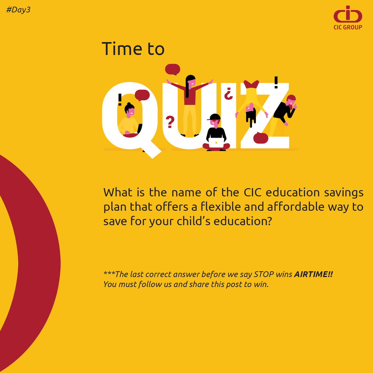 CICGroupPLC's tweet photo. DAY 3 OF #CICQUIZWEEK!π
Share your answer in the comment section below. The last correct answer before we comment STOP wins FREE AIRTIME!!!
Remember, you must follow our page and retweet this post to win. Good luck.π
#CICQuizWeek #Giveaway