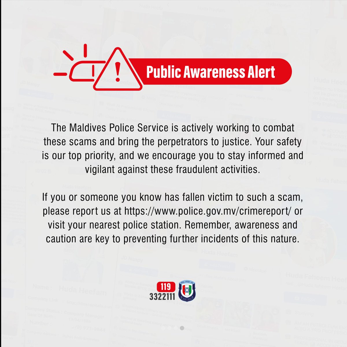 PoliceMv's tweet photo. Forex Trading Scammers Alert! 
Fake profiles on social media, like "Huda Heefam," are posing as Forex experts, tricking victims into investing money. They promise huge profits but only cause losses. https://t.co/ZSiGpKk0nx
