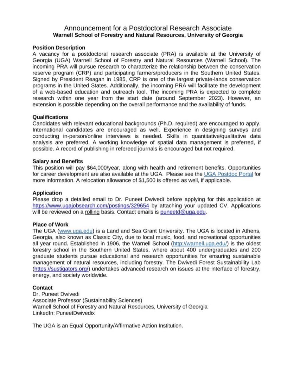 Postdoctoral position University of Georgia US. #postdoc #academictwitter @PhDfriendSana