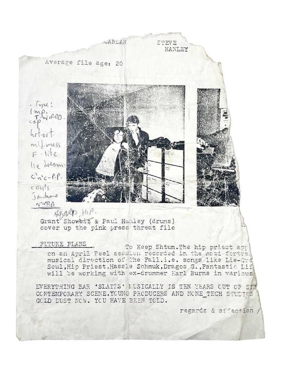 dannyno_01's tweet photo. From the 12 September 2023 Omega Auctions catalogue, torn page MES wrote on back of (lot 496), comes from statement put out late April 1981 - it was included in the "Slates & Dates" 1981 US tour handout. https://t.co/TbAEeVCROe & for Slates & Dates see: https://t.co/ZPaEvF1AgP https://t.co/oWj6sE8QBz