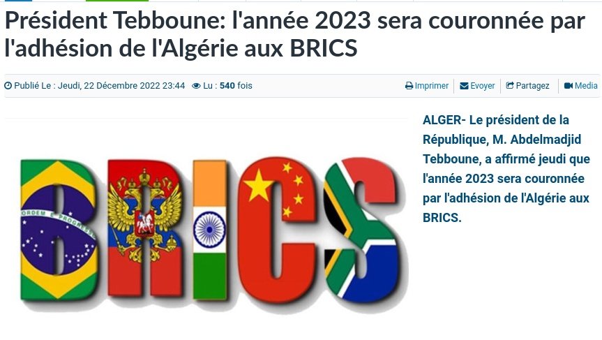 ONAPNT's tweet photo. Promesse de Tebboune: "l'année 2023 sera couronnée par l'adhésion de l'Algérie aux BRICS"
Délai : 31 Décembre 2023
#SousObservationONAPNT https://t.co/fDslY1I70q