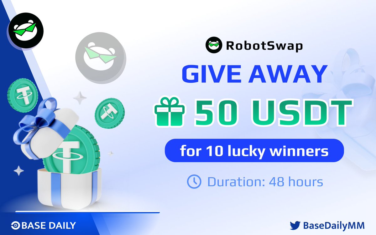 JuliaFurquim's tweet photo. 📢 GIVEAWAY

Glad to announce that $ROBOT will launch 📆 launch 9th August 2023, 3 PM UTC

🎁 50 USDT for 10 lucky winners
⏰ Duration: 48 hours

1️⃣ Follow @BaseDailyMM + @RobotSwap
2️⃣ Like, Retweet and Tag 3+ friends
3️⃣ Join: https://t.co/sCjJWFAK97
4️⃣ Comment your wallet below 👇

#BuildOnBase #Giveaways