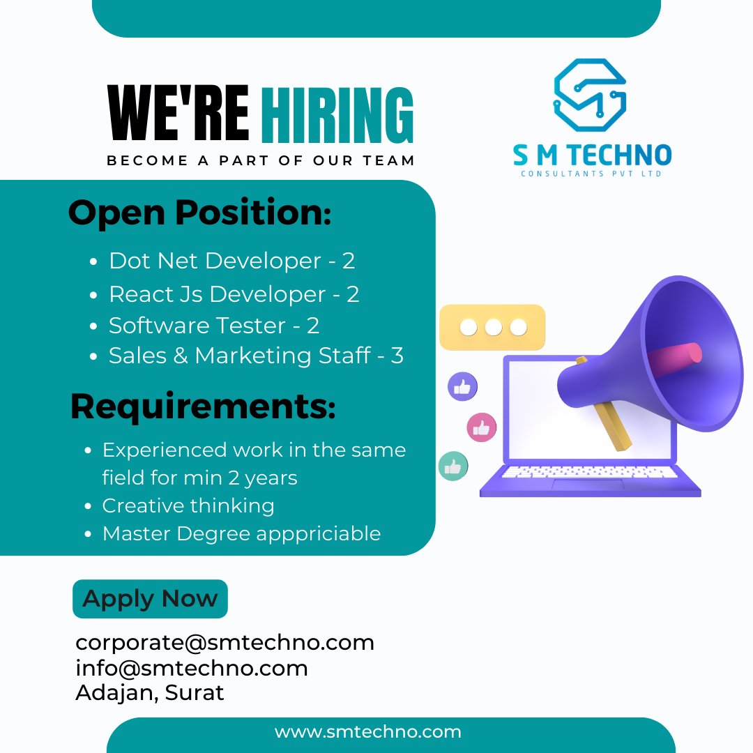 Hello, We are Hiring....

#surat #share #openings #resume #experience #salesandmarketing #dotnetdeveloper #reactjs #tester #softwaredevelopment #softwaresolutions #vacancy #suratjobs #suratithub #salesdevelopment