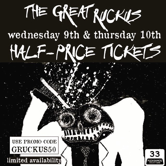 HALF PRICE TICKETS 📢📢📢

Giving out a limited number of 1/2 tickets for our WEDS 9TH (tomorrow) &amp; THURS 10TH shows! 

PROMO CODE: GRUCKUSS50

Get ‘em while they are hot! 

Use the PROMO CODE in checkout at: 

pleasance.co.uk/event/great-ru…