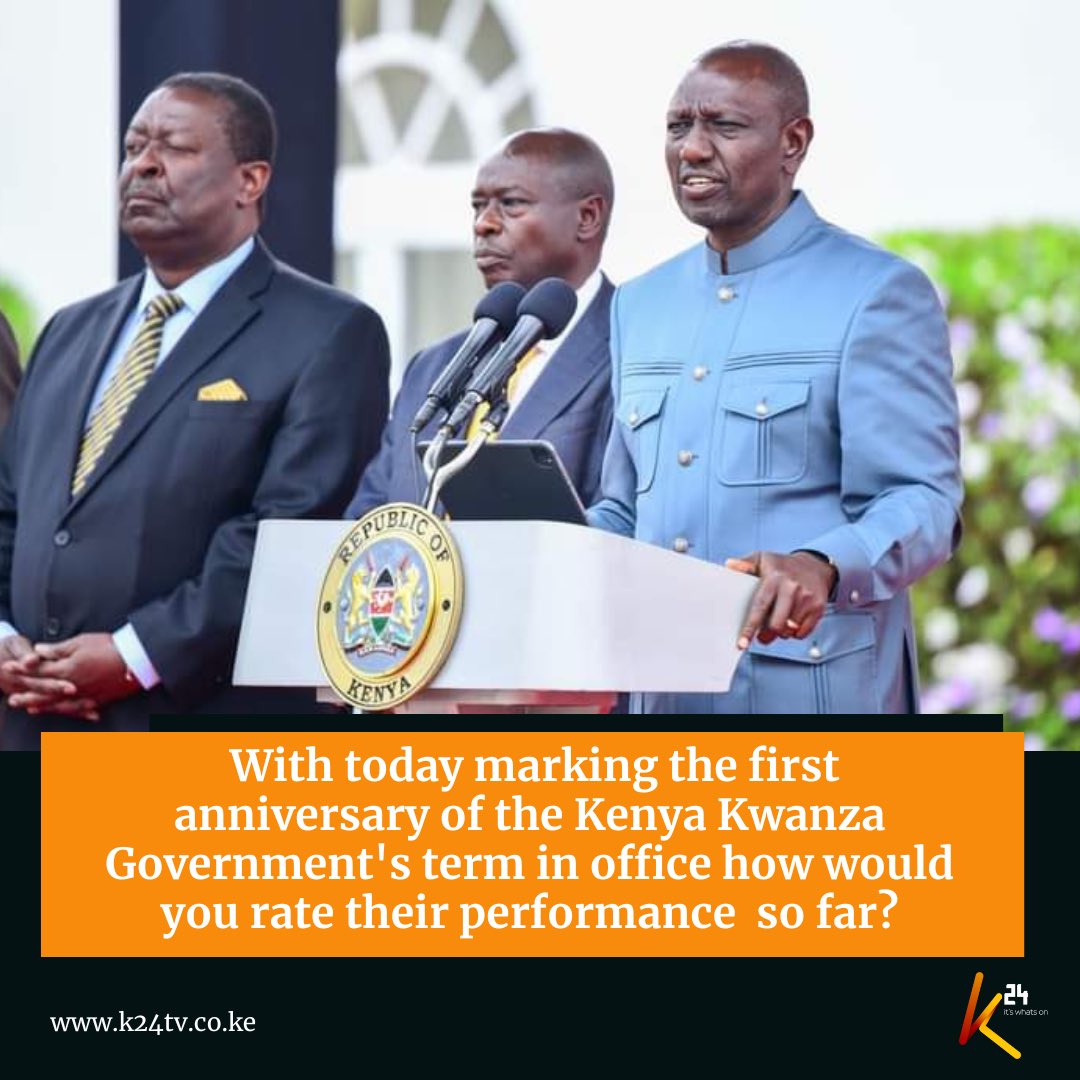 With today marking the first anniversary of the Kenya Kwanza Government's term in office how would you rate their performance  so far? #K24Siasa
