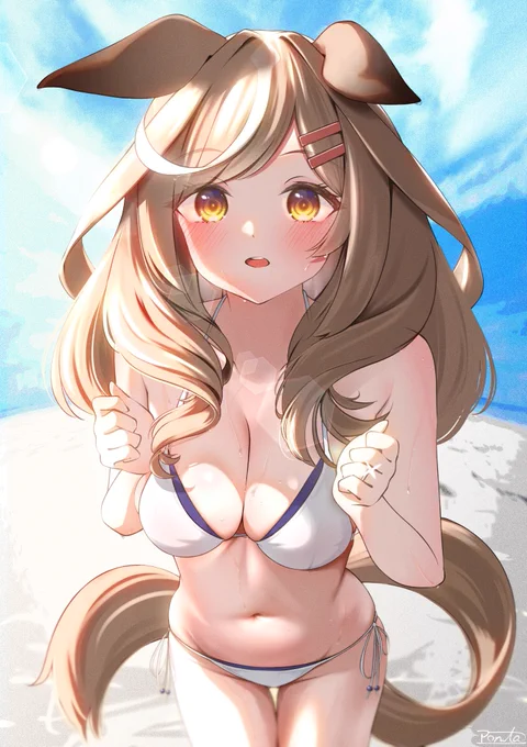 "早く泳ぎに行きましょうよ!!トレ…あなたっ!" 嫁水着マチタンです #マチカネタンホイザ #ウマ娘