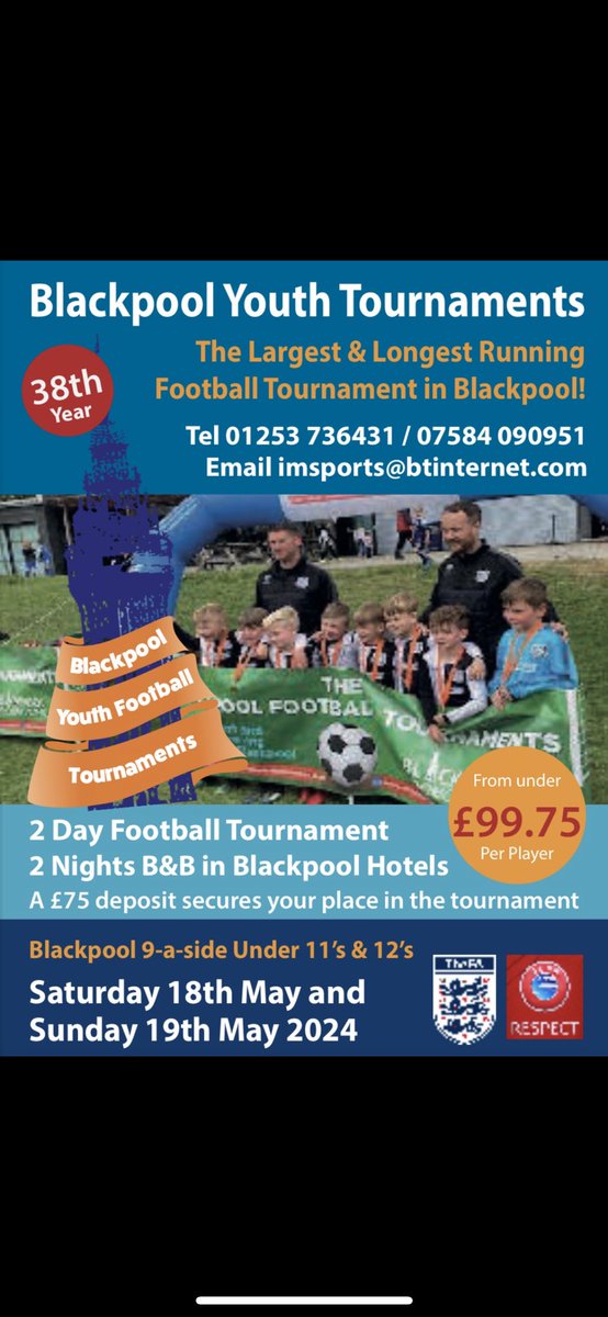byft2016's tweet photo. Blackpool Youth football tournaments 2024. Blackpool largest and longest running football tournaments for more info email imsport@btintermet.com or call 07584090951 
@Prudhoeycfc @Teamgrassroots_ @btafcjuniors https://t.co/Z299woxkTd