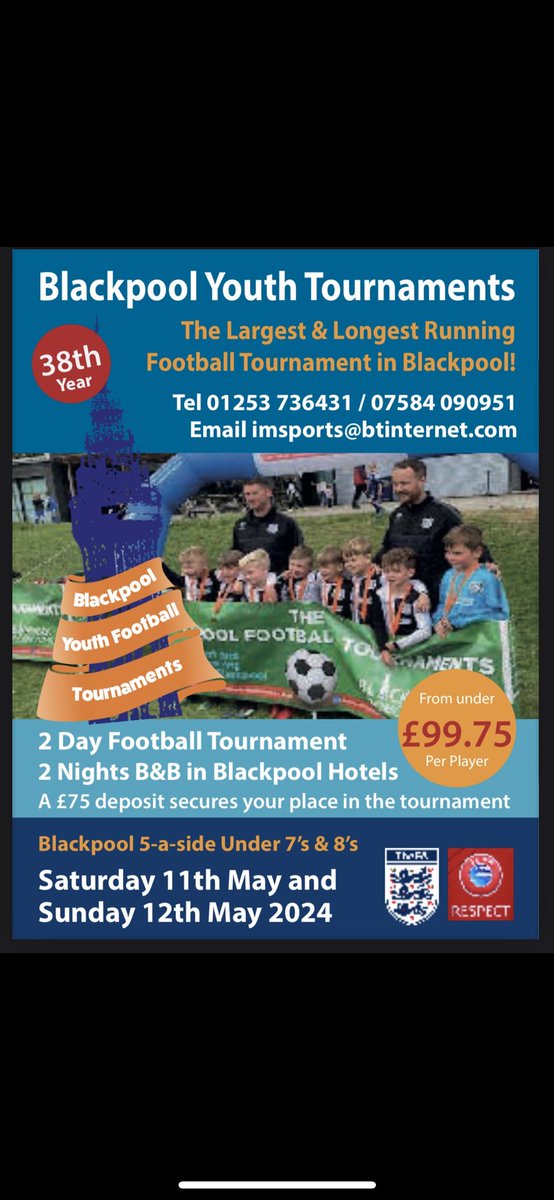 byft2016's tweet photo. Blackpool Youth football tournaments 2024. Blackpool largest and longest running football tournaments for more info email imsport@btintermet.com or call 07584090951 
@Prudhoeycfc @Teamgrassroots_ @btafcjuniors https://t.co/Z299woxkTd