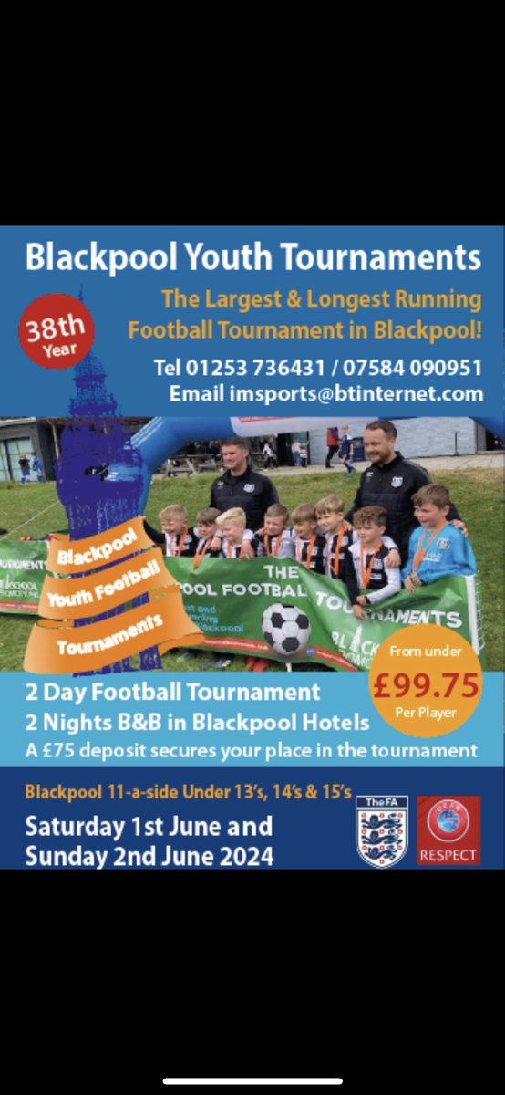 byft2016's tweet photo. Blackpool Youth football tournaments 2024. Blackpool largest and longest running football tournaments for more info email imsport@btintermet.com or call 07584090951 
@Prudhoeycfc @Teamgrassroots_ @btafcjuniors https://t.co/Z299woxkTd