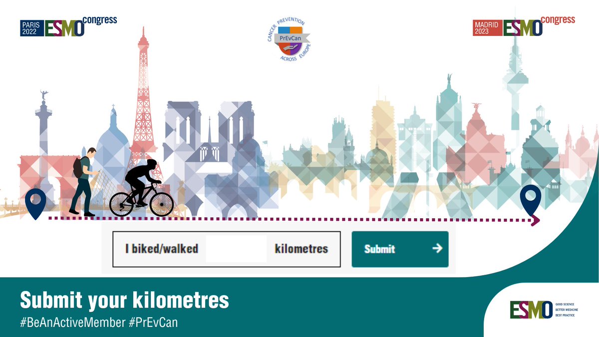 Let's virtually travel from Paris 2022 to Madrid 2023 by biking or walking the 1,305 km distance. Visit the website and submit your kilometres. Every step and pedal counts towards reaching Madrid. ow.ly/g3XZ50PuJfx #BeAnActiveMember #PrEvCan #ESMO23