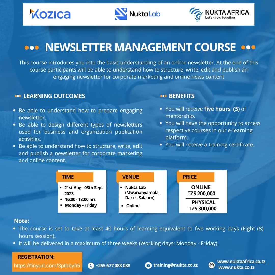 NuktaTanzania's tweet photo. ๐ข Level up your newsletter game with our exclusive Newsletter Management Course which will help you learn the secrets to captivating content, growing subscribers, and maximizing engagement. Subscribe now! ๐ท https://t.co/FneOagY8CBโฆ #NewsletterManagement #EmailMarketing https://t.co/tA4ASllTIg
