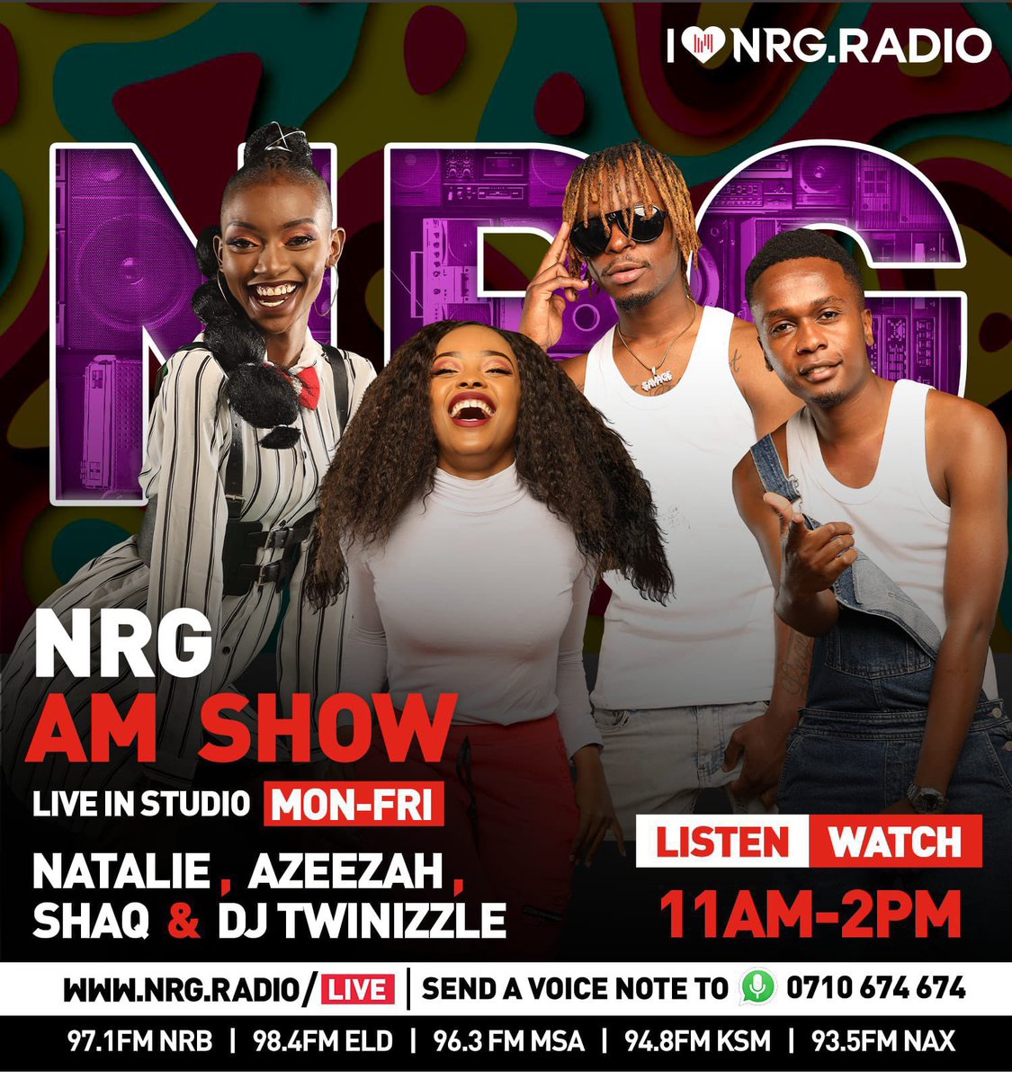 NRGRadioKenya's tweet photo. Warembo hoyee 🥳🥳
Time for a mad mid-morning vibe with the gang 😎
Tune in to vibe with @NatalieGithinji @ShaqoEl @djtwinizzle &amp; @azeezah_h 
#nrgamshow #nrgradiokenya https://t.co/9WQHjnWOpn