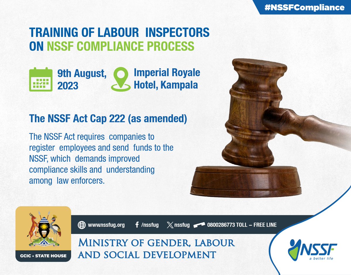 GovUganda's tweet photo. .@nssfug has today started a training session for labour inspectors on the NSSF compliance process. This is in line with NSSF Act Cap 222, which requires companies to register employees and send funds to the NSSF.#NSSFCompliance https://t.co/EmG6gNCCmx