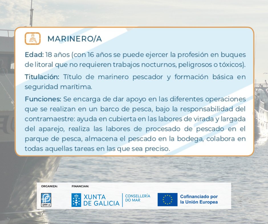 haztedelmar's tweet photo. ¿Quieres saber qué requisitos necesitas cumplir para ser #marinero de un buque #pesquero? Toma nota y #HaztedelMar 🌊

(Acción patrocinada por Xunta de Galicia y el #FEMPA) https://t.co/cw8BSs0zxb