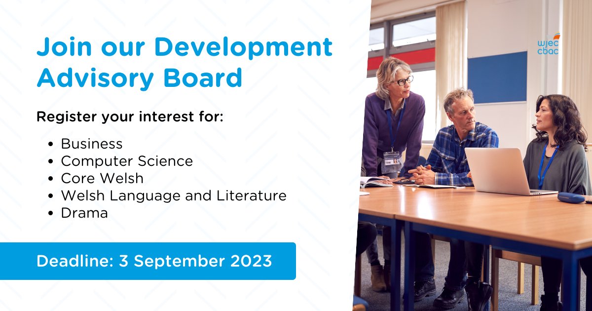Want to work closely with WJEC as we co-construct a new suite of GCSEs and related qualifications to support the Curriculum for Wales?

We're currently looking for new Development Advisory Group members for a number of subjects!

👉 Learn more and apply: bit.ly/443icwO