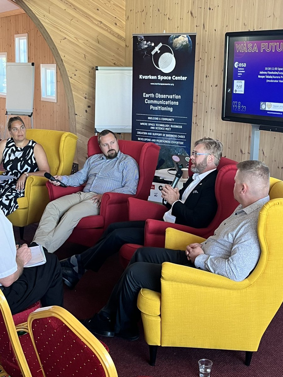 <a href="/KuusniemiHeidi/">Heidi Kuusniemi</a> moderating a panel discussion w/ Johnny Finnholm, <a href="/RoopeTakala/">Roope Takala</a> and Kevin Vainio at #WasaFutureFestival’s #SpaceWednesday. #newspace #spaceeconomy