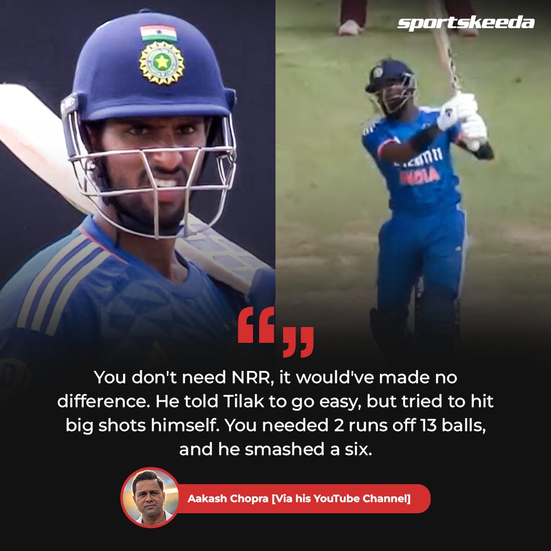 Sportskeeda's tweet photo. What are your thoughts on Hardik Pandya hitting a six when Tilak Varma was on 49*, do you agree with Aakash Chopra? 👀

#HardikPandya #TilakVarma #WIvIND #SportsKeeda https://t.co/QMMdiqcL9g