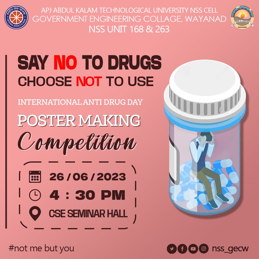 nss_gecw's tweet photo. Choose Life, Say No to Drugs!

Unleash Your Creativity! Join the Battle Against Drug Abuse - NSS GECW's Exciting Poster Making Competition on June 26th, International Day Against Drug Abuse.

📅 - 26/06/23
⏰- 4:30 pm
Venue - CSE Seminar hall

#nssgecw
#nss
#gecw https://t.co/vDMVdh3LWg