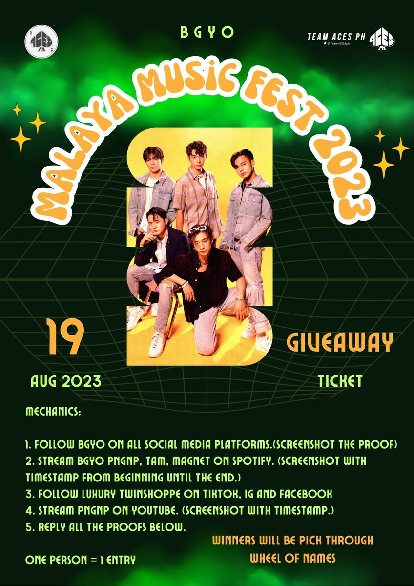 MALAYA MUSIC FEST TICKET GIVEAWAY ✨

As we celebrate our 28th monthsary, we will give 4 tickets to #MalayaMusicFest2023 to support #BGYO. 

Read the mechanics below. Also strictly, 1 PERSON = 1 ENTRY only. 

ACEsxBGYO FOREVER
#ACEs28thMonth <a href="/bgyo_ph/">BGYO_PH</a>