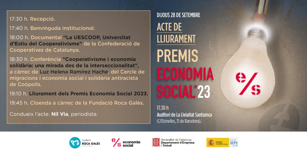 🏆 Acte de lliurament #PremisEconomiaSocial 2023. 

📓 S'han presentat més d'una quarantena de treballs que mereixen el seu reconeixement. 

📅 Reserva't la data el dijous 28 de setembre. 
📍 @Lleialtat  

👉Impulsat per: @rocagales @econ_socialcat