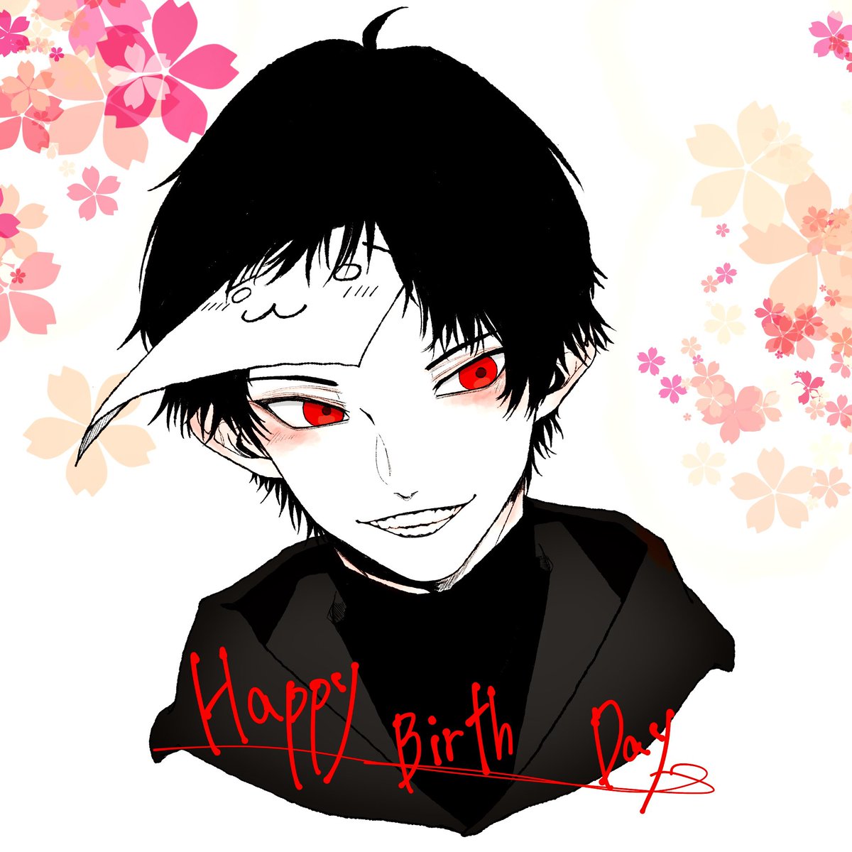 1boy red eyes male focus happy birthday black hair solo smile  illustration images